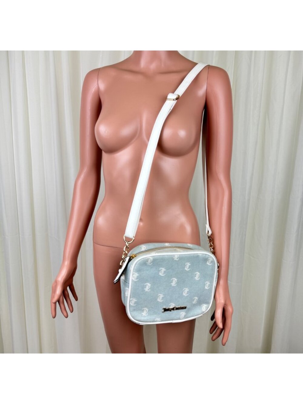 Juicy Couture Denim Camera Crossbody Bag Blue Logo Print White Strap